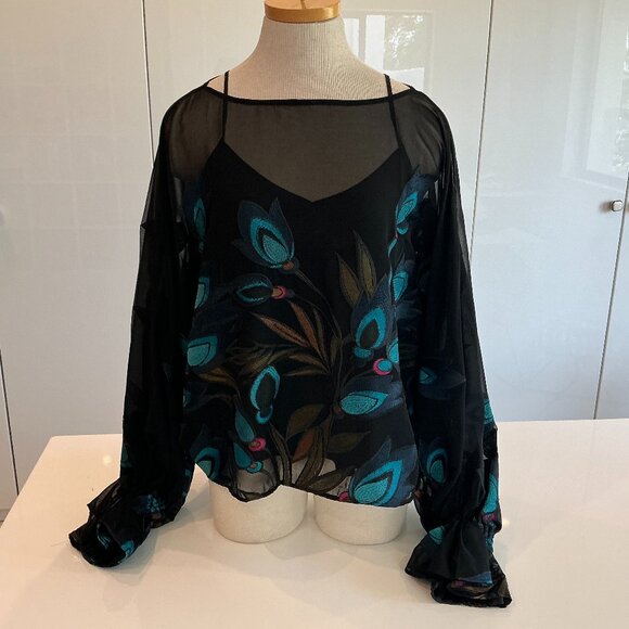 Trina Turk, Soho Top, Embroidered Sheer Georgette , Size XL - Picture 2 of 8